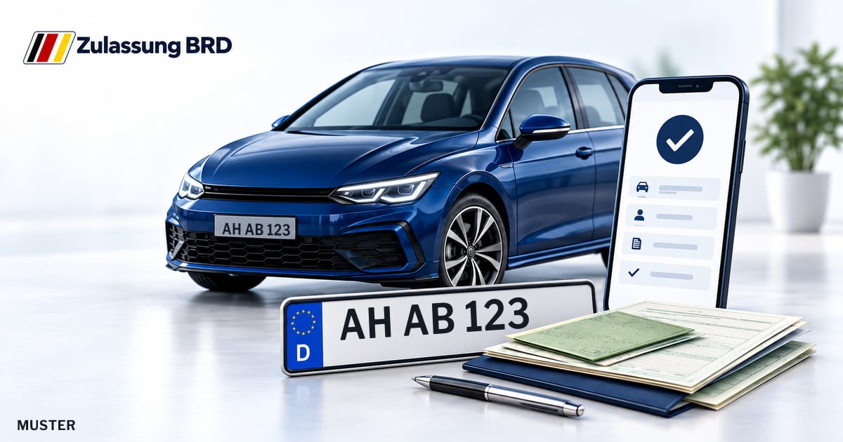 Online Fahrzeugzulassung in Reken: Musterkennzeichen AH AB 123, Auto und Fahrzeugpapiere und Smartphone. Illustration mit Logo von Zulassung BRD.